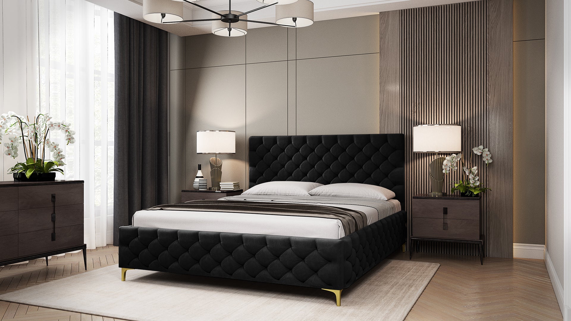 FIANO Polsterbett mit Steppmuster-Design, Holzlattenrost & Bettkasten – elegantes Designerbett