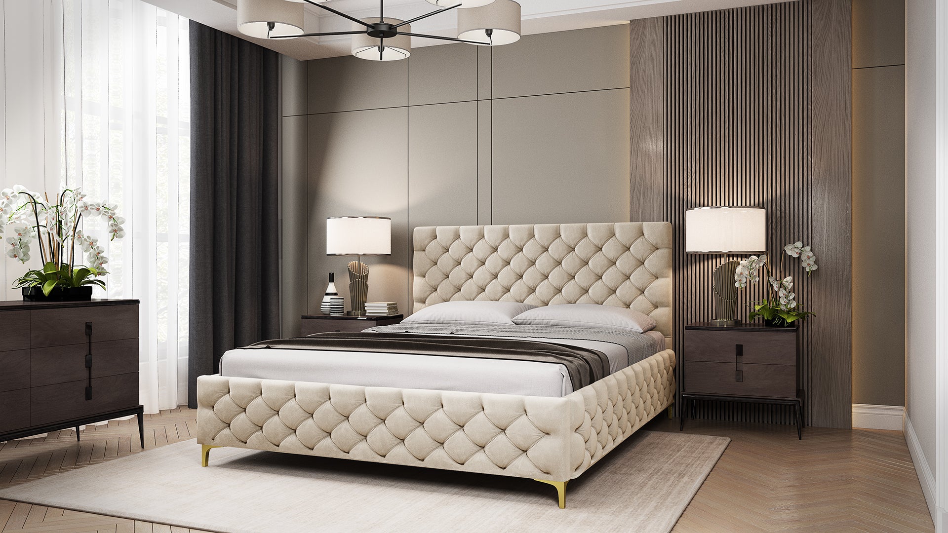 FIANO Polsterbett mit Steppmuster-Design, Holzlattenrost & Bettkasten – elegantes Designerbett