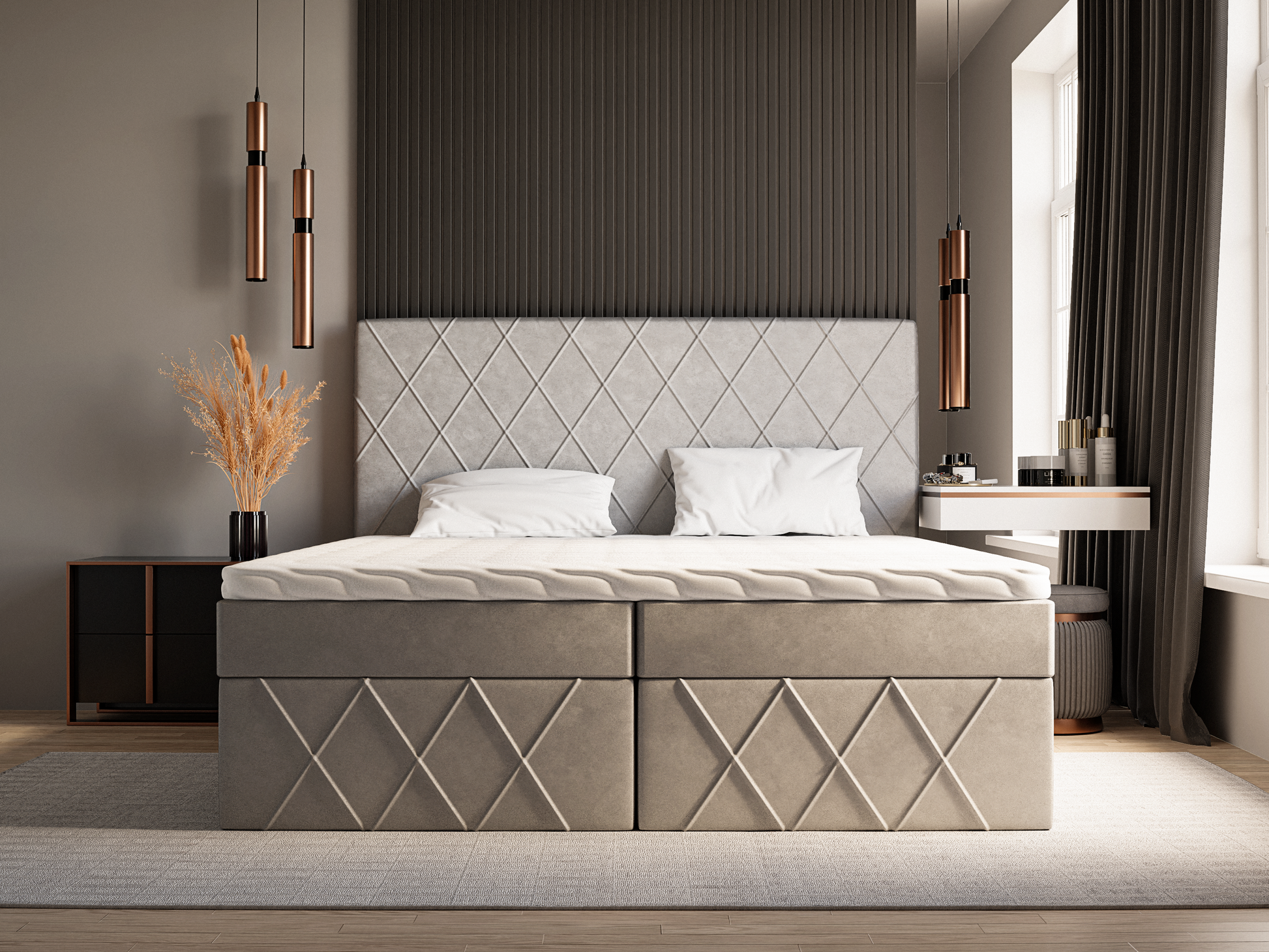 Luxuriöses handgefertigtes Boxspringbett inklusive Stauraum mit 2 Ablagen