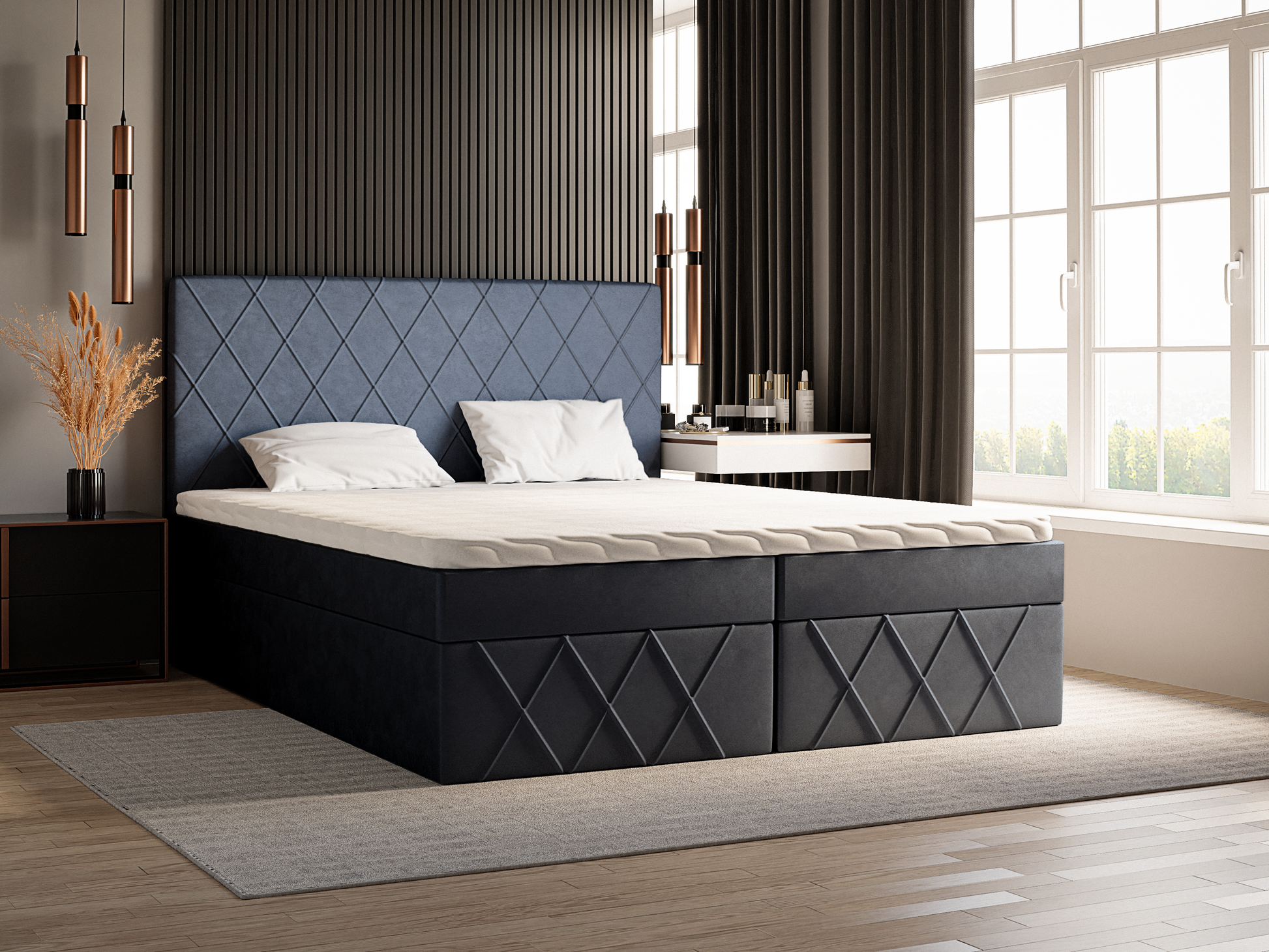 Luxuriöses handgefertigtes Boxspringbett inklusive Stauraum mit 2 Ablagen