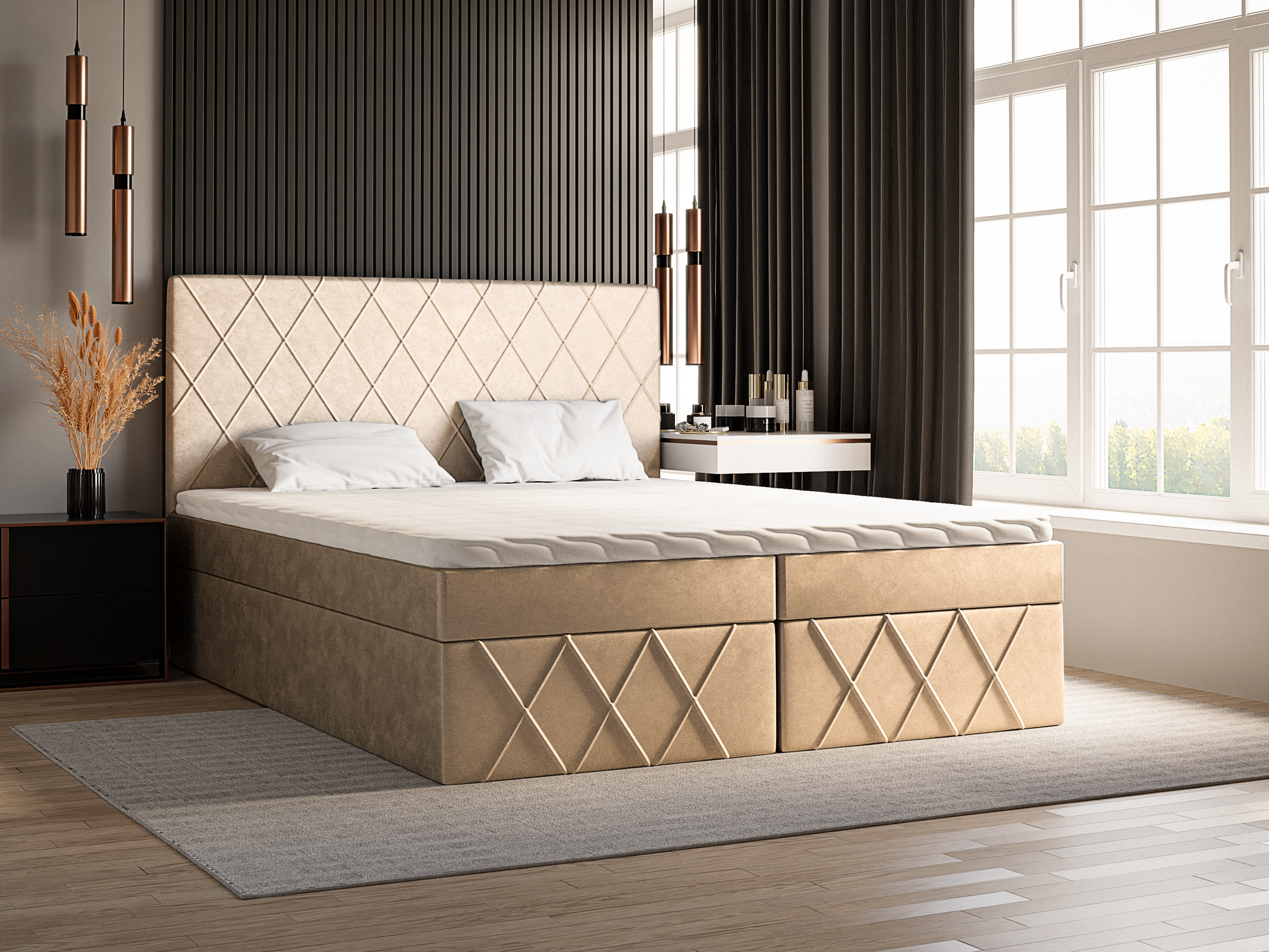 Luxuriöses handgefertigtes Boxspringbett inklusive Stauraum mit 2 Ablagen