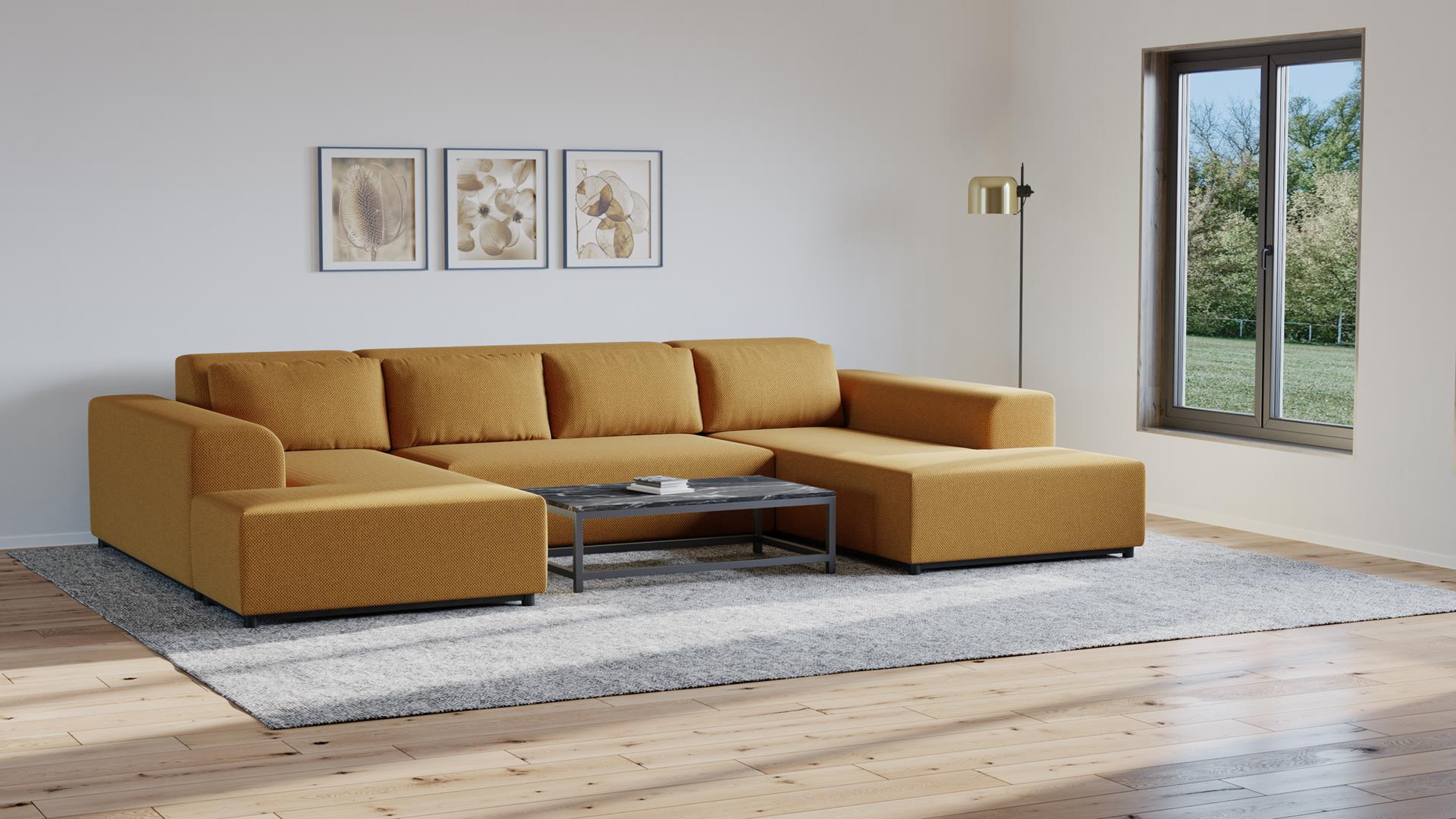 Wohnlandschaft Moris U – modernes Sofa 327 cm breit mit Wellenfederung & T30-Schaum