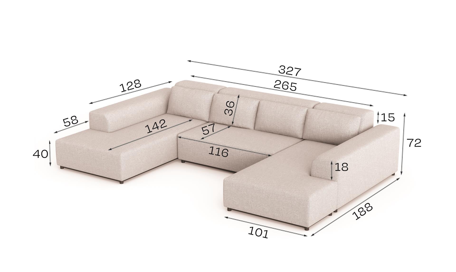 Wohnlandschaft Moris U – modernes Sofa 327 cm breit mit Wellenfederung & T30-Schaum