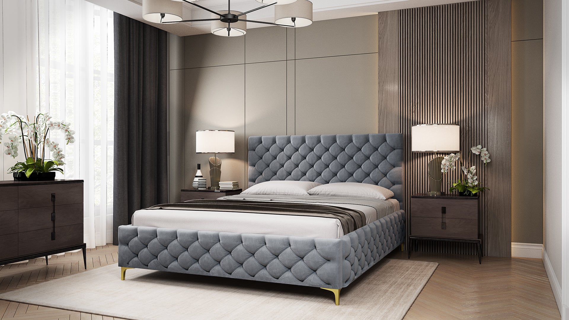 FIANO Polsterbett mit Steppmuster-Design, Holzlattenrost & Bettkasten – elegantes Designerbett