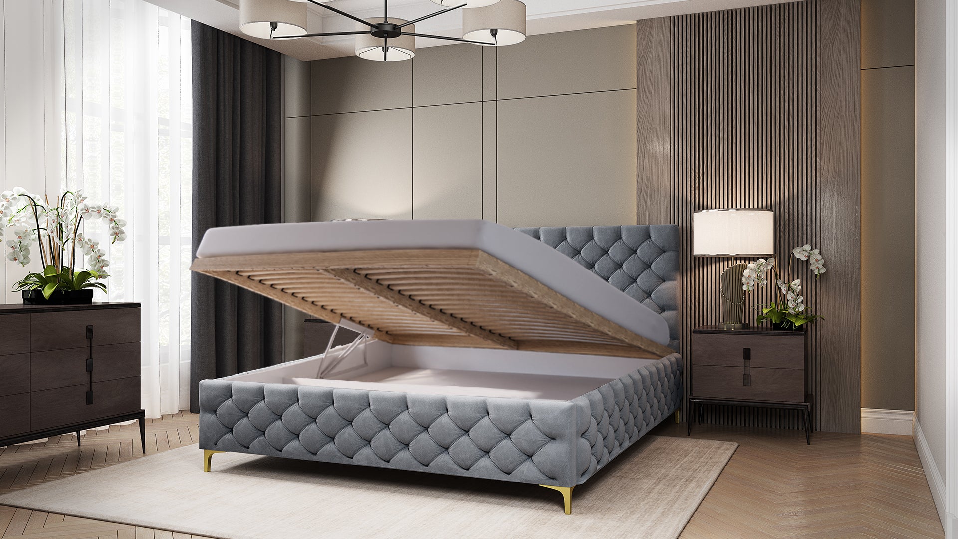 FIANO Polsterbett mit Steppmuster-Design, Holzlattenrost & Bettkasten – elegantes Designerbett