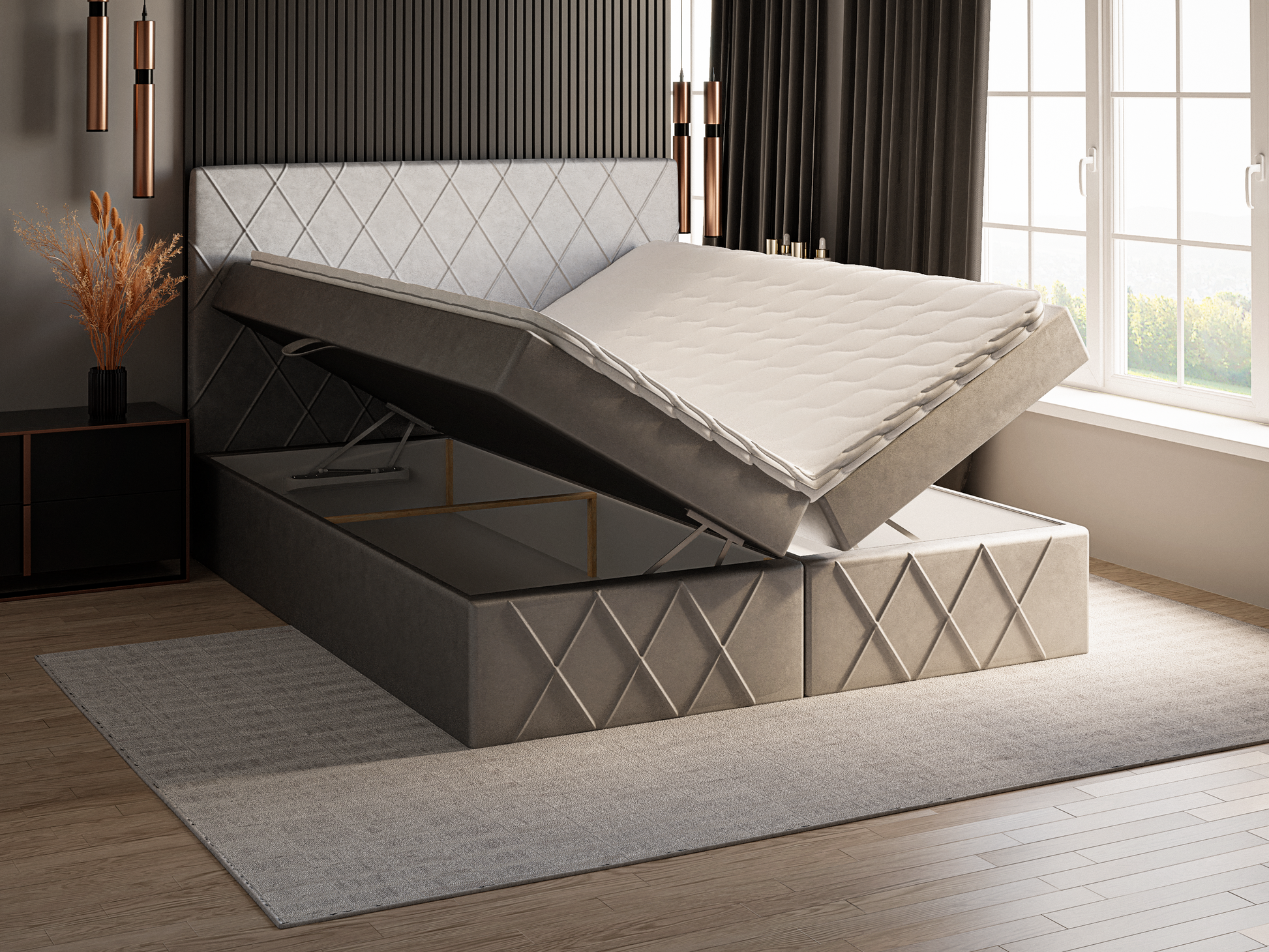 Luxuriöses handgefertigtes Boxspringbett inklusive Stauraum mit 2 Ablagen