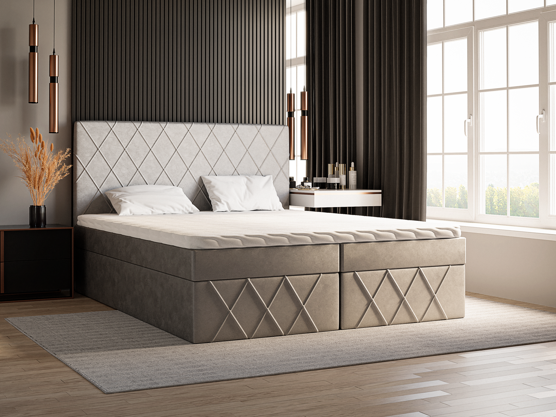 Luxuriöses handgefertigtes Boxspringbett inklusive Stauraum mit 2 Ablagen