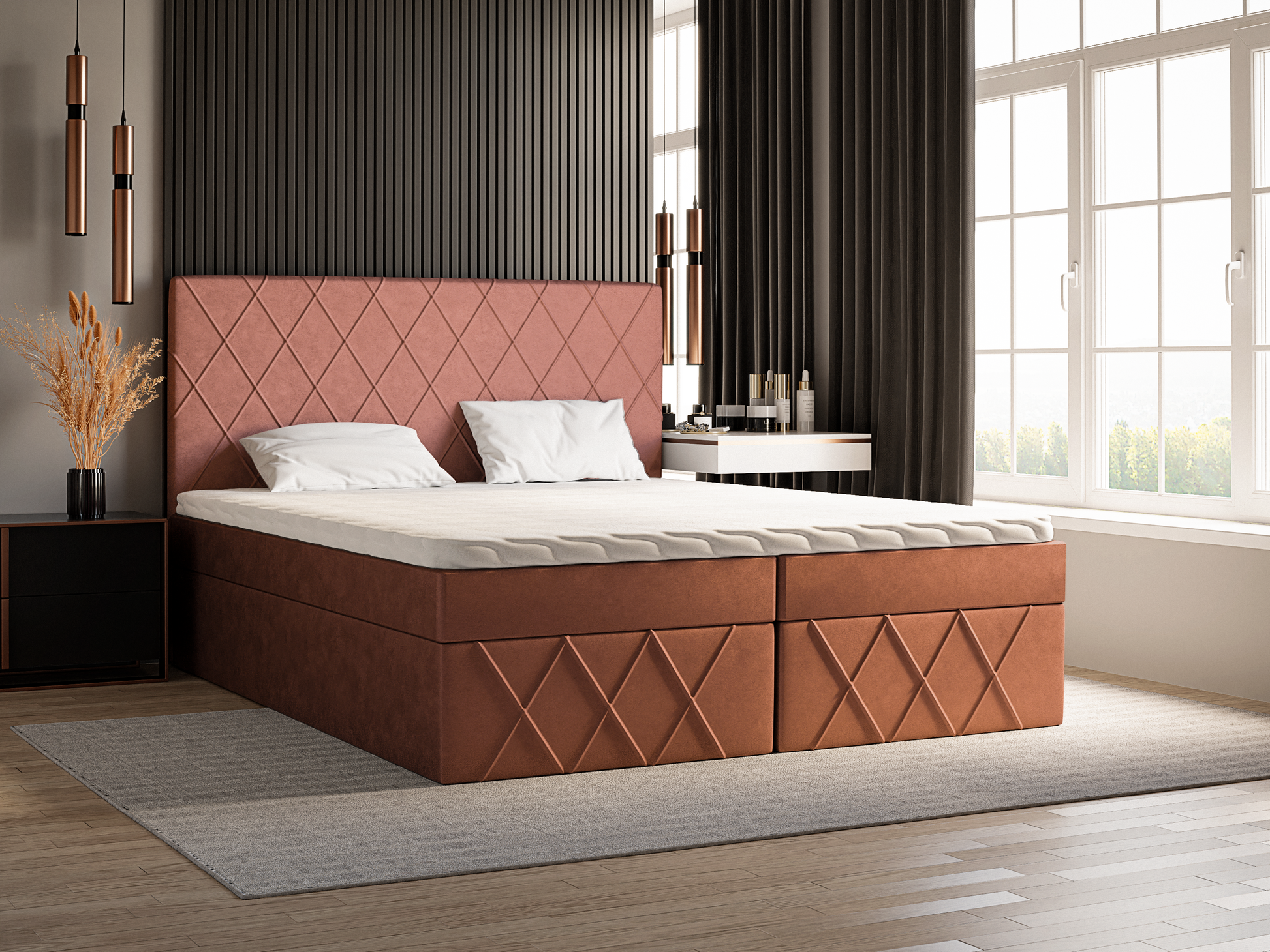 Luxuriöses handgefertigtes Boxspringbett inklusive Stauraum mit 2 Ablagen